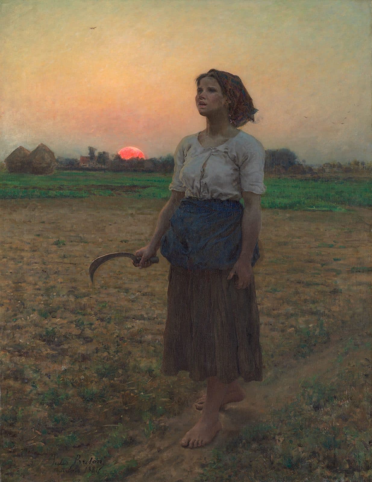 A barefoot young farm worker holding a sickle stops in a field at sunrise to listen to a bird