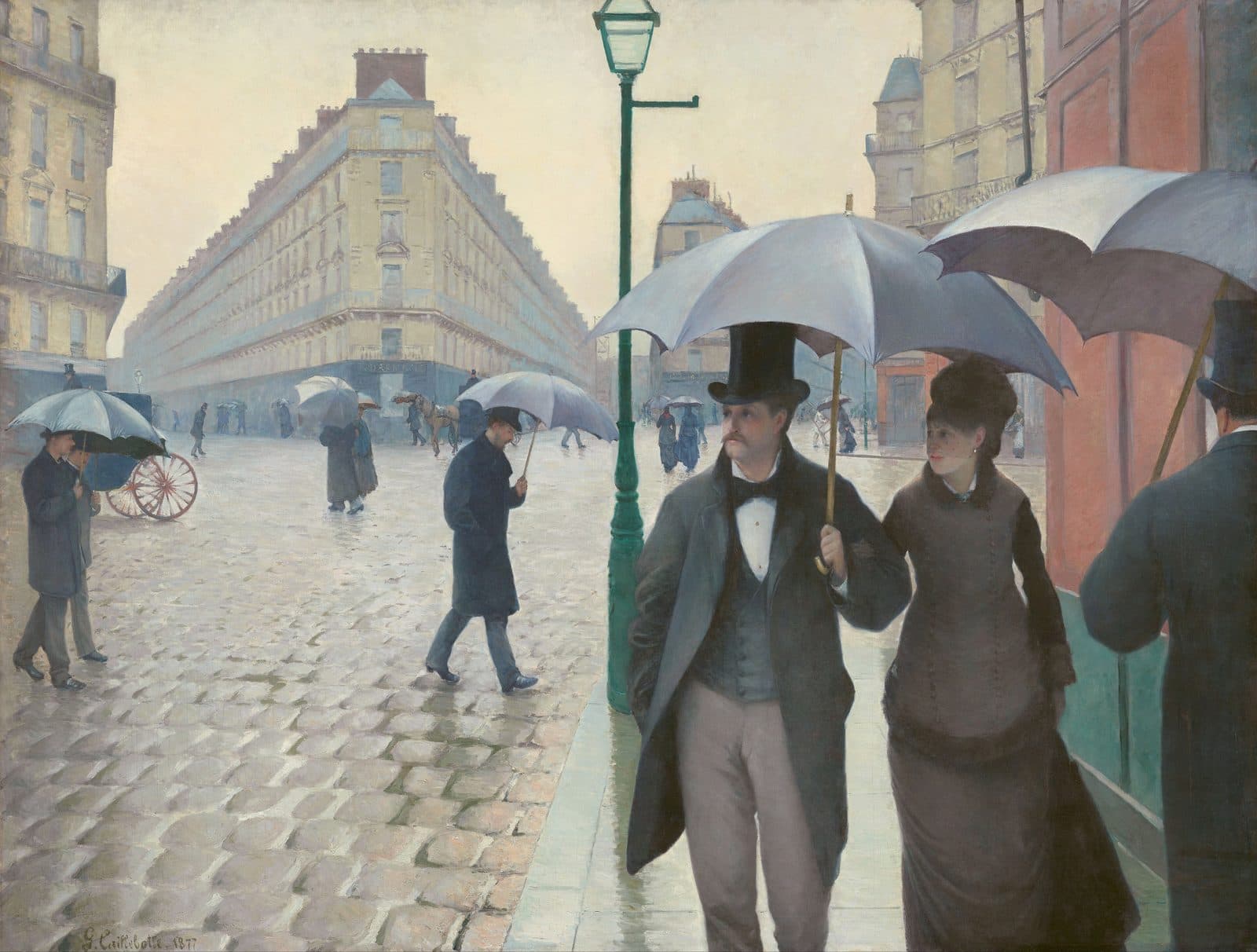 Couples with umbrellas cross a wide, wet Paris intersection under a grey sky