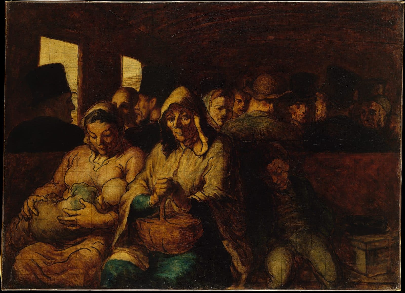 In a crowded railway carriage, a nursing mother, an old woman with a basket and a sleeping boy sit together in the light