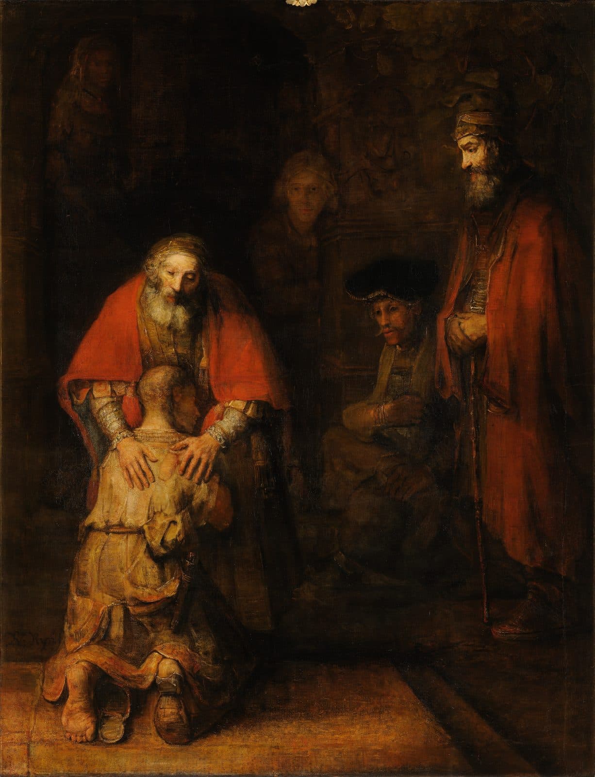 A ragged son kneels with his head against his old father's chest as the father lays both hands on his back