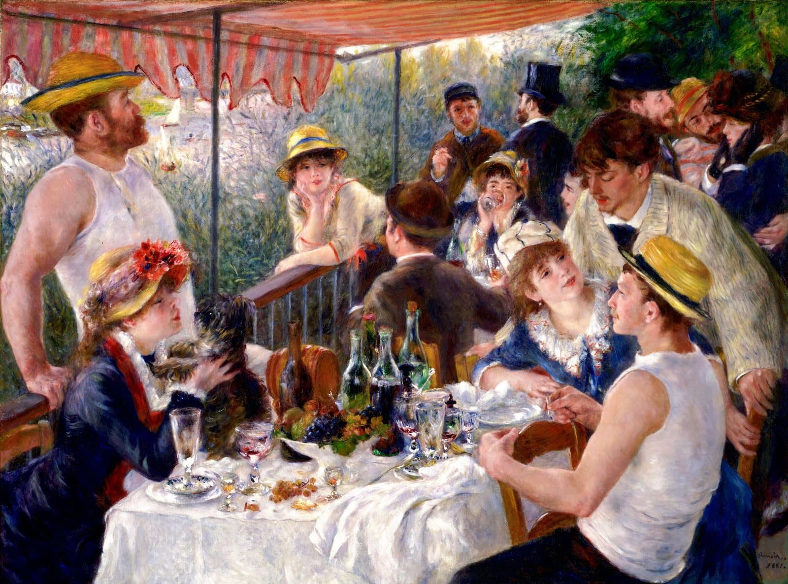 Friends talk, flirt and relax around a lunch table on a riverside balcony under a striped awning