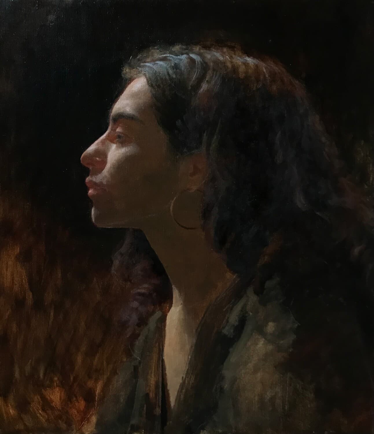 Painting by Kevin Müller Cisneros of a head in profile, lit against a dark ground