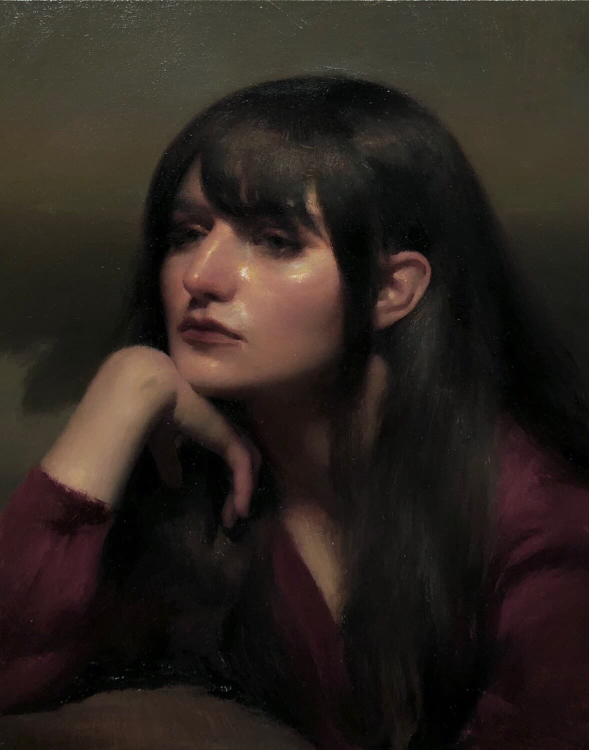 Painting by Jude Dutton of a seated young woman resting her chin on her hand
